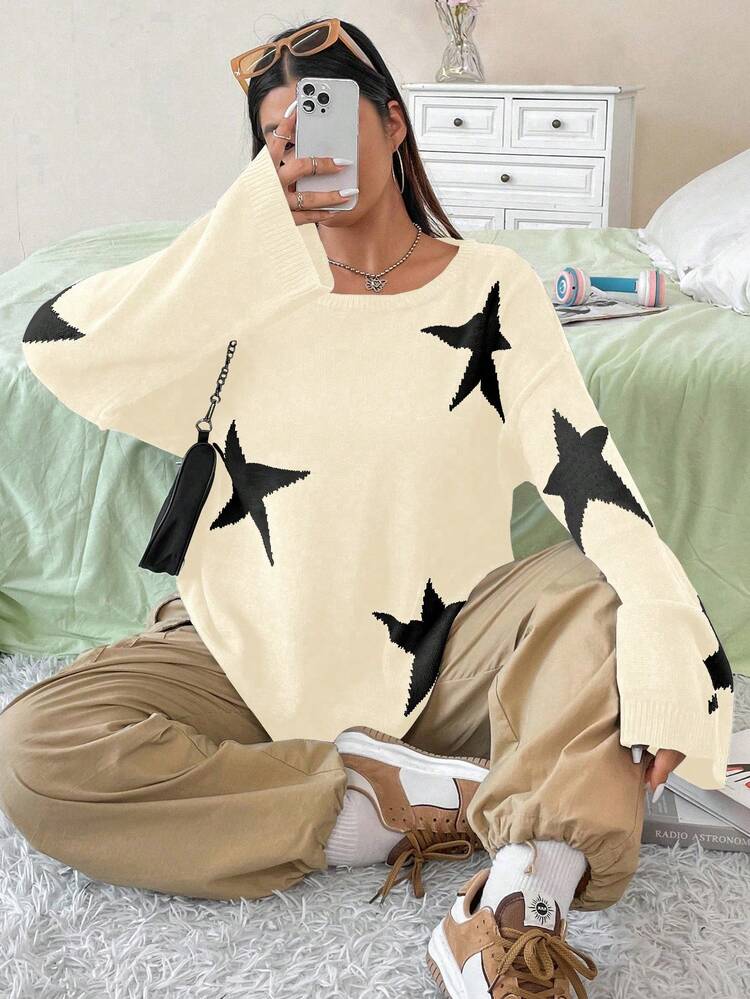 Plus Size Star Pattern Drop Shoulder Sweater Knit Pullover Fall Winter