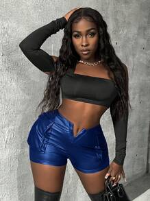 Slaydiva 女性高腰中空緊身短褲 - 寶藍色 - 查看 4