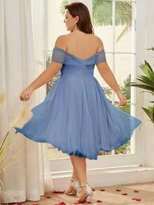 Cocktailkleid für Mollige Damen, geeignet für Hochzeitsgäste, elegantes Partykleid - Graublau - Übersicht 2