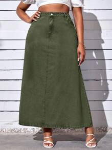 SHEIN CURVE+ Plus Size Women Military Green Fashion Denim Skirt, Non-Stretch
