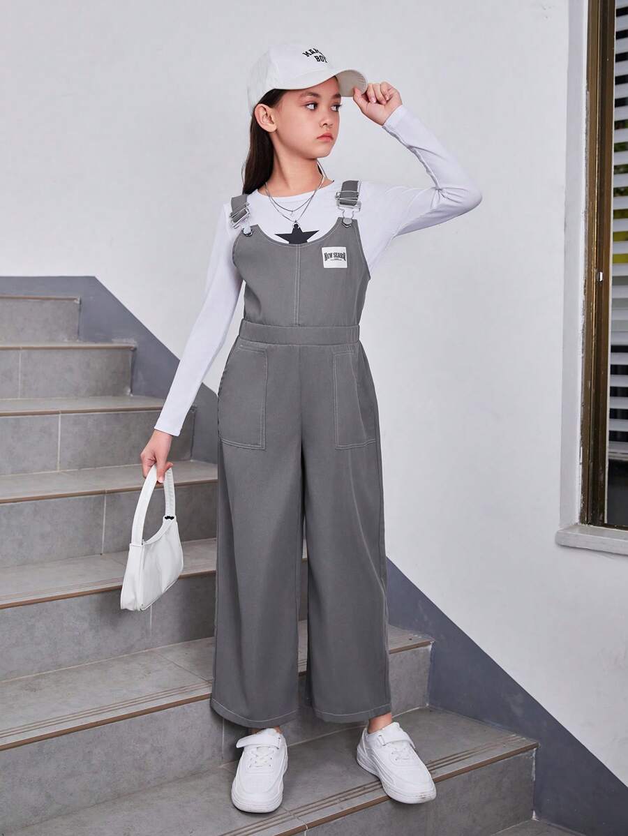 SHEIN Tween Girl Solid Color Dungarees Romper In Loose Fit And Jacquard ...