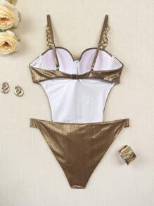 SHEIN Swim Đồ bơi một mảnh nữ nâng ngực có phụ kiện kim loại vàng - Vàng - Xem 7