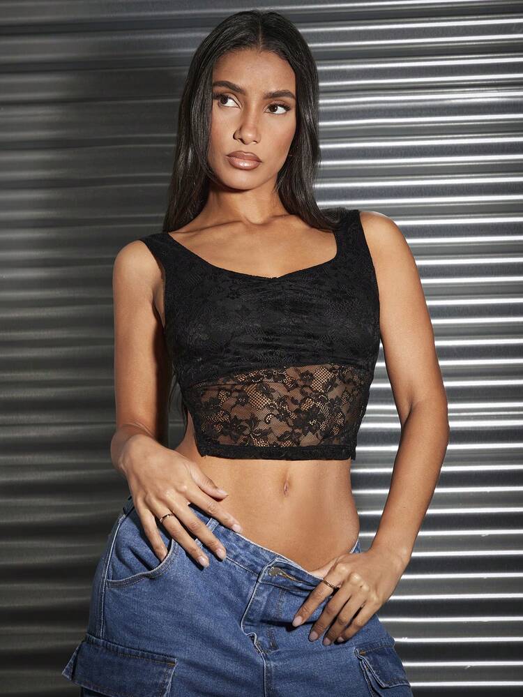 Women's Sexy Lace Ruffle Detail Sleeveless Tank Top With Side Slit