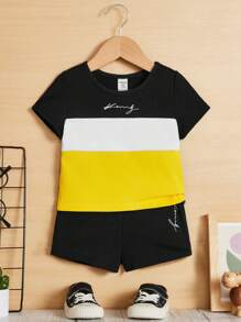 SHEIN Infant Boys' Casual Comfortable Color Block Letter Print Short Sleeve T-Shirt And Shorts Set - Multicolor - View 1