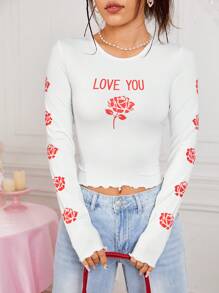 SHEIN EZwear Rose Pattern Printed Women's T-Shirt - White - View 1