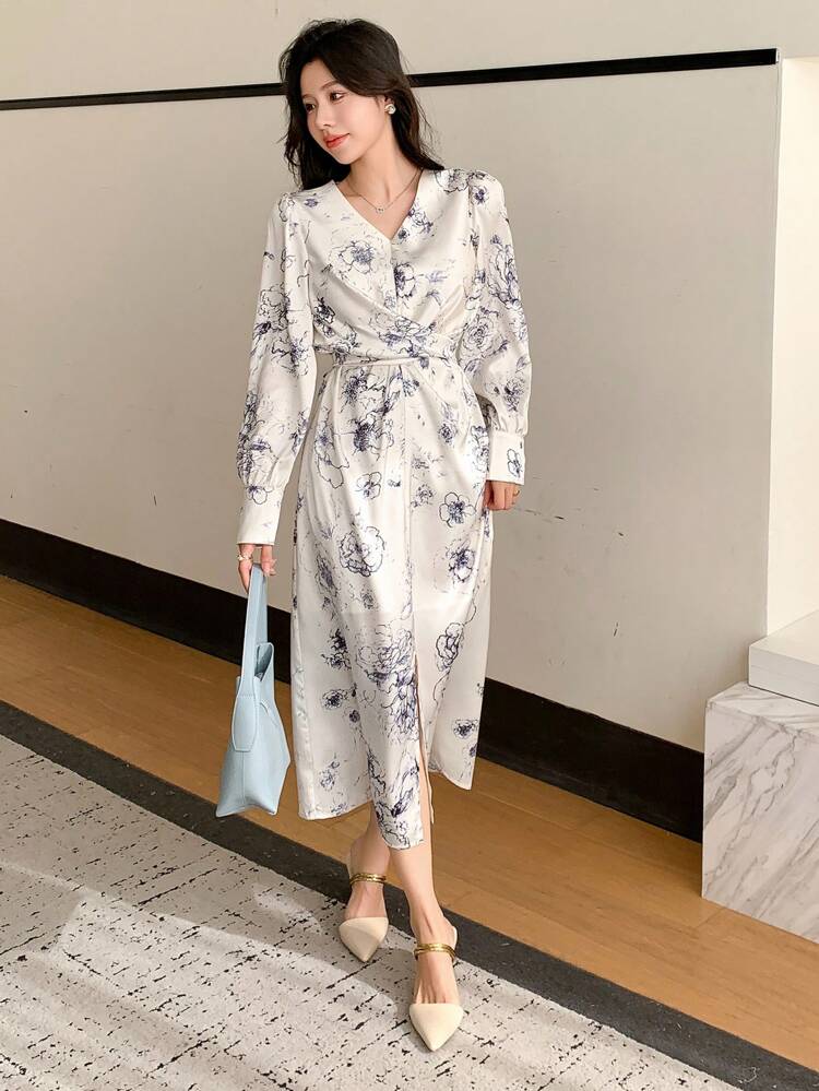 Women'S Floral Print V-Neck Long Sleeve Dress, Fall Dress