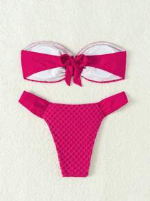 SHEIN Swim Conjunto de bikini de dos piezas texturizado de unicolor, verano en la playa para San Valentín - Rosa Fucsia - Ver 3