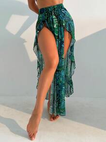 女士熱帶印花分裂式下擺遮陽衣 - 綠色 - 查看 5