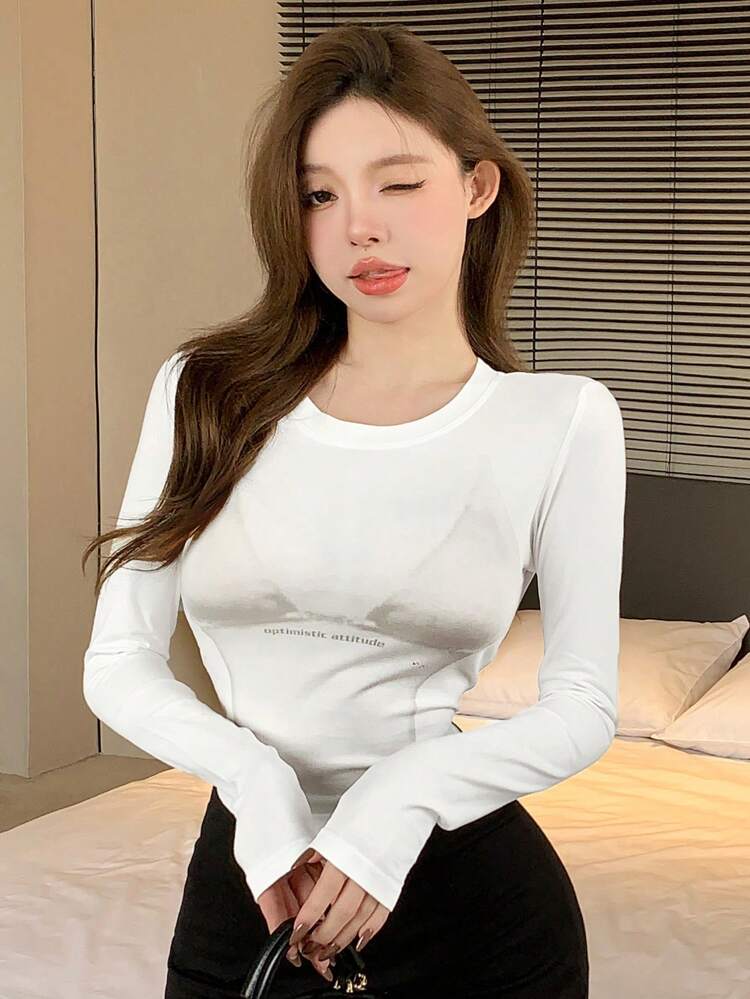 Women's Letter Printed Slim Fit T-Shirt,Fall Clothes Long Sleeve Women Tops