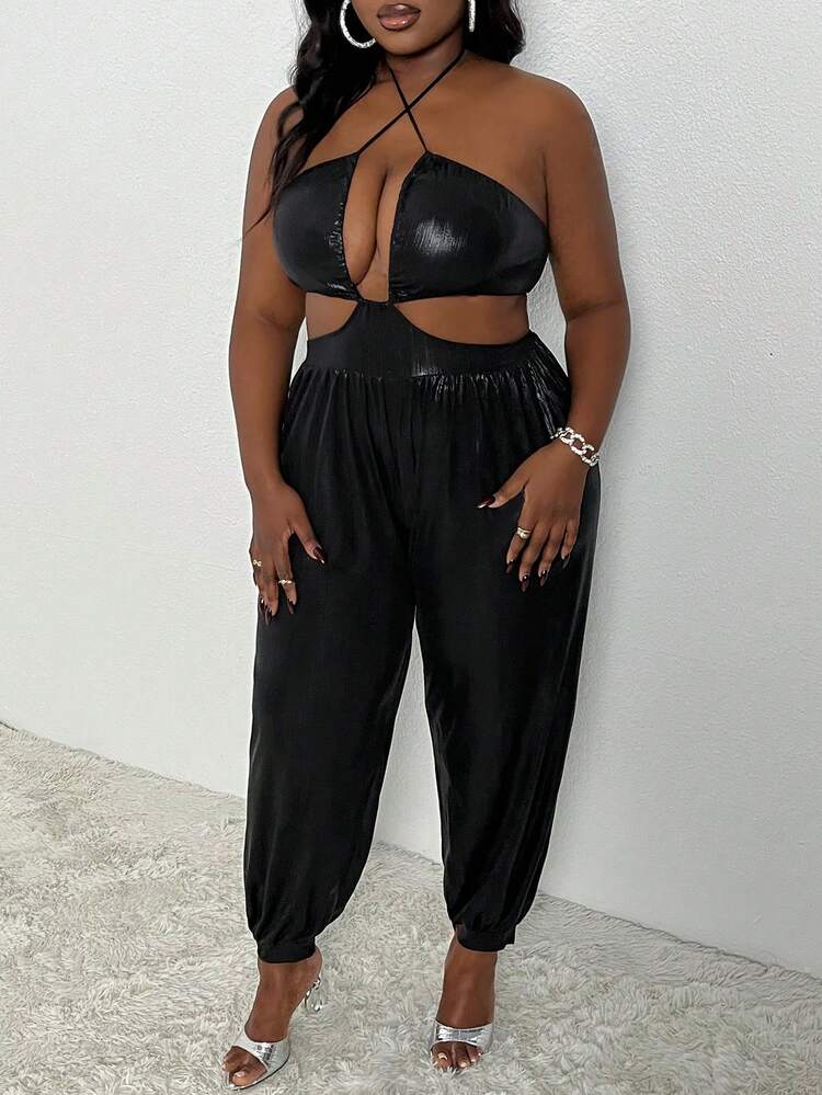 Slayr Plus Music Festival & Party Elegant Sexy Style Solid Color Sleeveless Criss-Cross Halter Backless Belted Jumpsuit, PU Coated Fabric, Plus Size