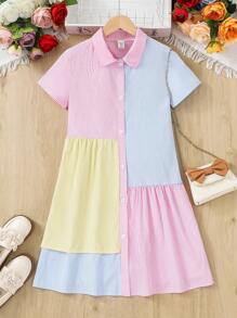 SHEIN Vintaside Kids Tween女孩的顏色塊級條紋拼接連衣裙 - 彩色 - 查看 1