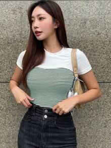 DAZY 顏色拼接條紋短袖t卹 - 綠色 - 查看 4