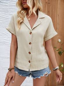 SHEIN LUNE Lapel Batwing Short Sleeve Shirt - Apricot - View 5