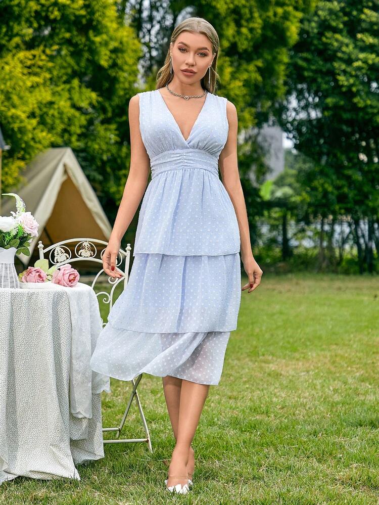 Sleeveless Deep V-Neck Jacquard Bridesmaid Dress With Pleated Waist, Open Back