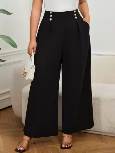 SHEIN Privé 大码女式优雅纯色阔腿裤，配金属扣装饰