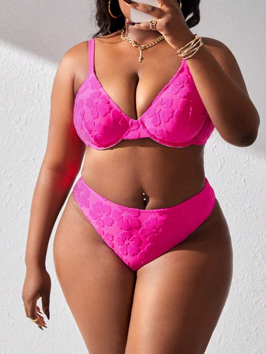 SHEIN Slayr CURVE 大尺碼女士花卉印花游泳服套裝,壓花設計 - 玫紅色 - 查看 1