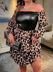 SHEIN Clasi Vestido con estampado de leopardo de hombros descubiertos de manga farol bajo con fruncido - Multicolor - Ver 6