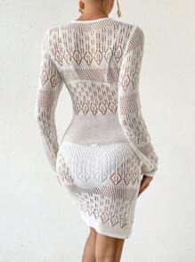 SHEIN Holidaya Quý cô Xu hướng: Cắt giảm Áo len dệt kim Đầm - trắng - Xem 2
