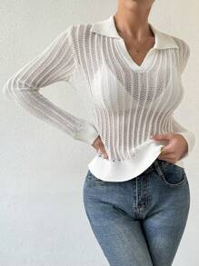 Chiquease Women's Hollow Out Knitted Sweater With Turn-Down Collar  Fall Winter Outfit - White - View 4