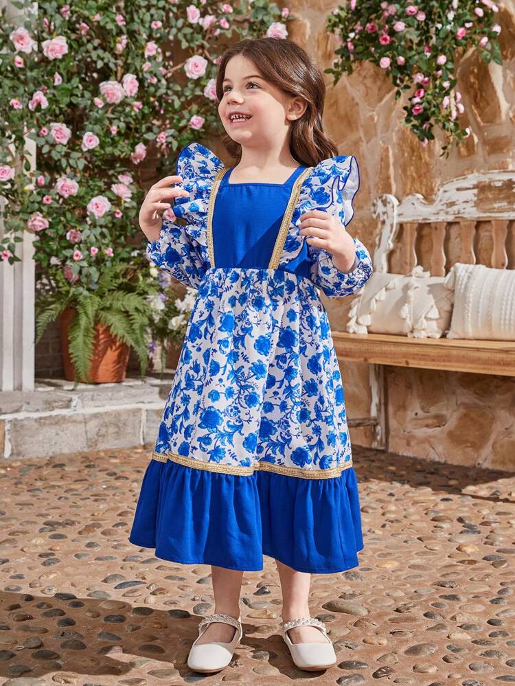 Young Girl Floral Print Contrast Color Peter Pan Collar Ruffle Hem Long Sleeve Dress, Mommy And Me Matching Outfits (2 Pieces Sold Separately)