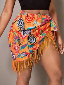 Slaydiva Floral Print Fringe Trim Tie Side Wrap Skirt - Orange - View 5
