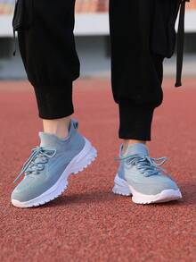 Teenager's Breathable Lightweight Sports Style Sneakers With Socks, Solid Color - Baby Blue - View 4