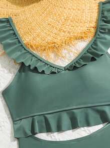 Teen Girl's Ruffled Trim & Hollow Out One-Piece Swimsuit - Army Green - View 3
