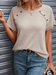 SHEIN LUNE Women's Round Neck Raglan Short Sleeve T-Shirt - Apricot - View 5