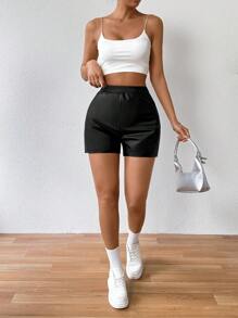 SHEIN LUNE High-Waisted Pu Leather Shorts With Elegant Style - Black - View 5