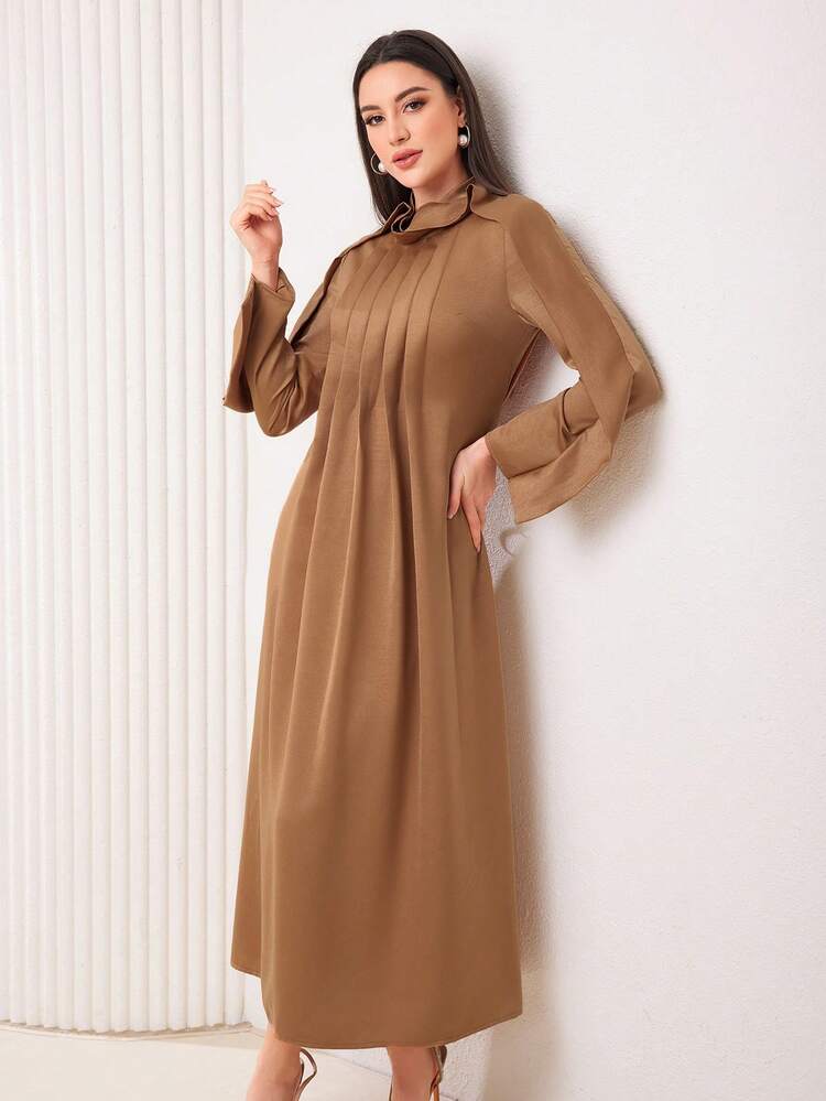 Solid Color Pleated Draped Collar Dress Modest Dress
