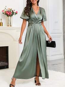 SHEIN Clasi Women's High Slit Pleated Waist Asymmetrical Hem Dress