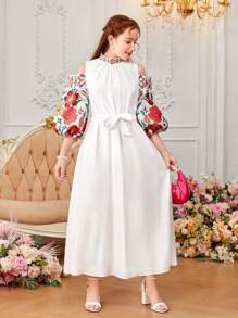 SHEIN Leap Crew Teen Girls' Off-Shoulder Puff Sleeve Woven Patchwork Floral Dress - White - View 4