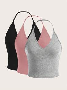 SHEIN EZwear Multicolor Knitted Halter Neck Tank Top - Dusty Pink - View 1