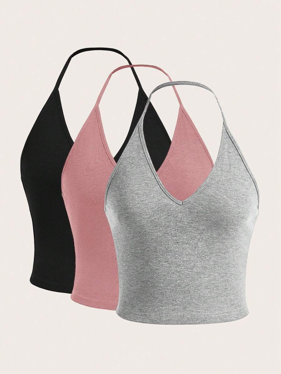 SHEIN EZwear Multicolor Knitted Halter Neck Tank Top - Dusty Pink - View 1