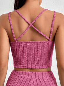 SHEIN EZwear 夏季實色短款針織背心上衣 - 玫紅色 - 查看 3