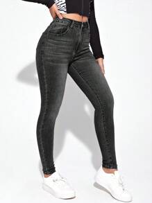 SHEIN Essnce 女用貓須設計修身牛仔褲 - 深灰色 - 查看 4