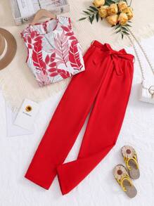 SHEIN Tween Girl Floral Printed Top And Pants Set