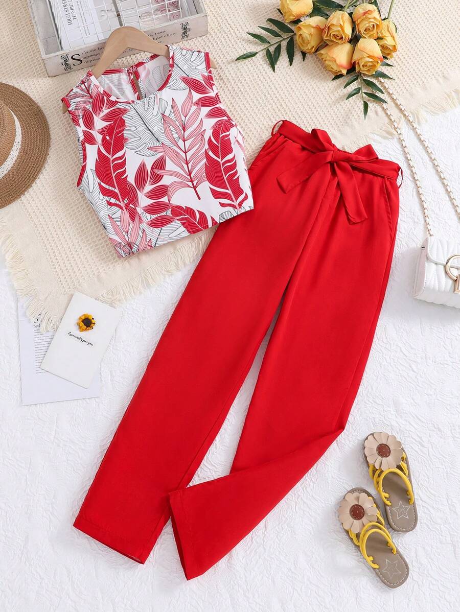 SHEIN Tween Girl Floral Printed Top And Pants Set