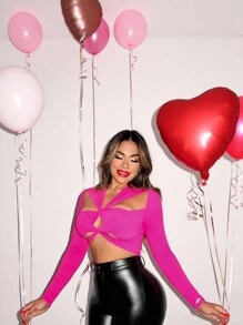 SHEIN SXY 女士短款露肚空心設計交叉前面的上衣 - 玫紅色 - 查看 5