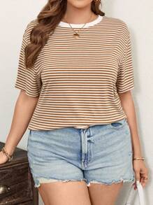 SHEIN LUNE Camiseta casual de talla grande con bloque de color y rayas para el verano - Multicolor - Ver 5