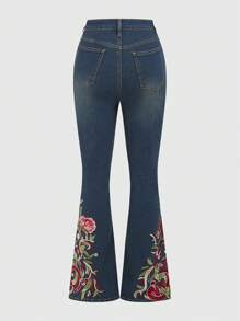ROMWE Hippie Của phụ nữ Thêu hoa Quần jean loe - Màu xanh lam - Xem 2