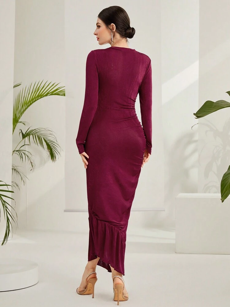 Women's Slim Fit Stand Collar Pleated Long Sleeve Dress