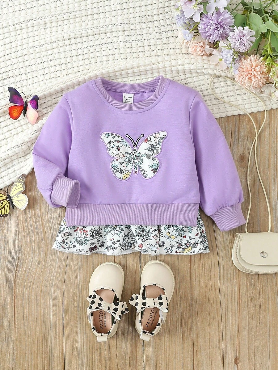Baby Girl Butterfly & Floral Printed 2-In-1 Long Sleeve Sweatshirt - Purple - View 1