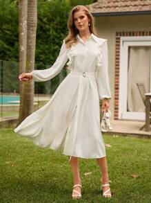 Anewsta Women's Spliced Ruffle Hem Long Shirt Dress Fall Cloth For Women - Beige - View 1