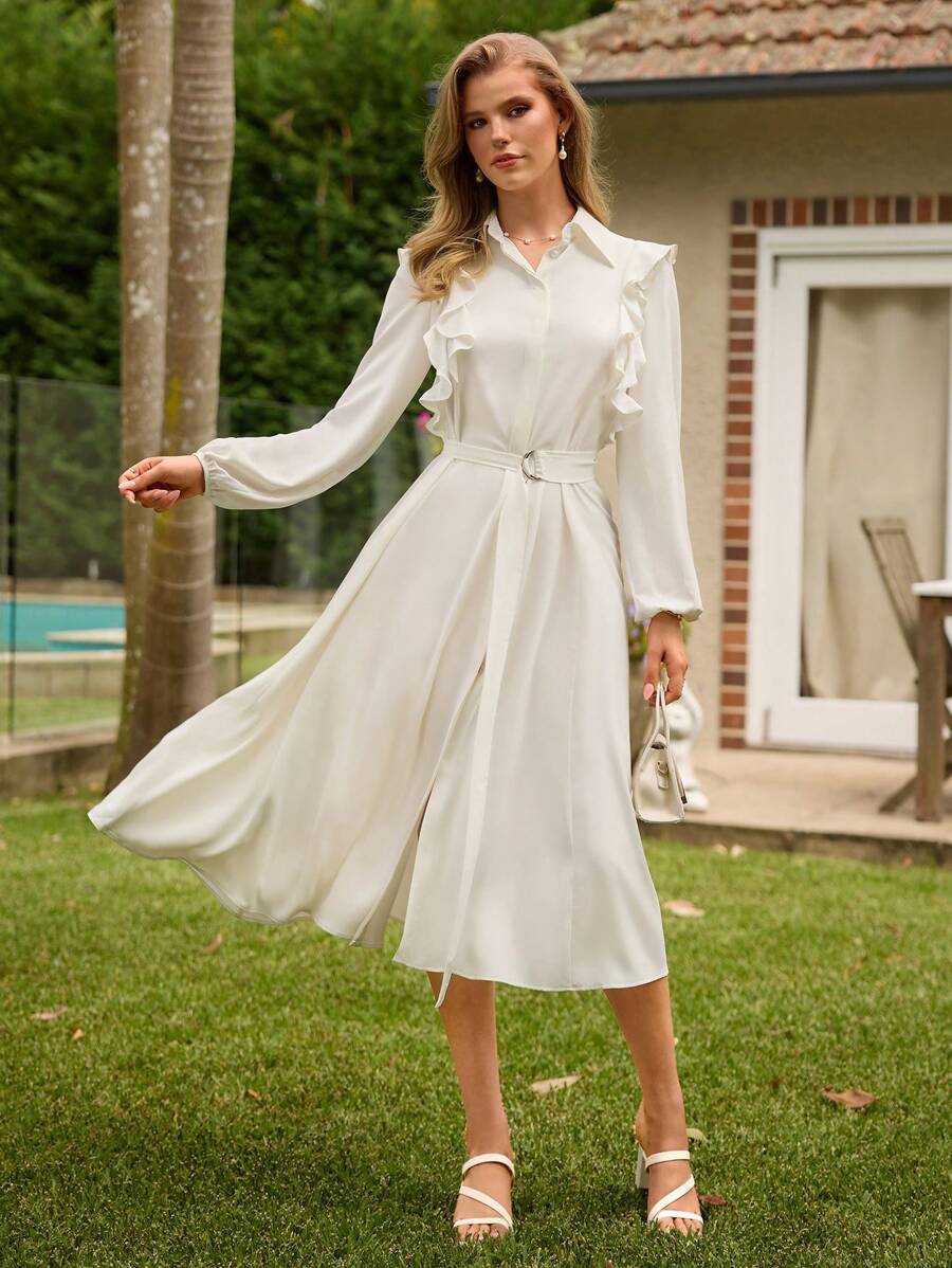 Anewsta Women's Spliced Ruffle Hem Long Shirt Dress Fall Cloth For Women - Beige - View 1