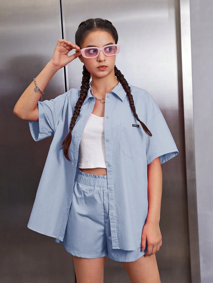 SHEIN 青少女口袋前掉肩袖衫和短褲休閒兩件套裝 - 淺藍色 - 查看 1