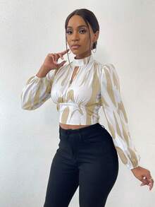 VaVaBold Women's Pattern Printed Keyhole Neck Lantern Sleeve Blouse - Multicolor - View 4