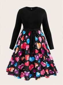 Flirla Rozmiar Plus Damski Serce Nadrukowany Długi Rękaw Sukienka z paskiem - Czarne - Zobacz 1