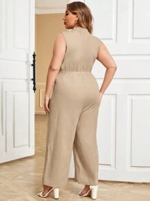 SHEIN Clasi 大型女士中式立領束腰連身褲 - 駝色 - 查看 2