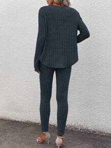 SHEIN LUNE 2pcs/Set Women Basic Black Thermal Underwear Set, Long Sleeve T-Shirt & Leggings, Winter New Arrival Matching Pajama Set